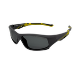 A pair of kids' unbreakable sunglasses with Black frames and yellow accents on the arms with polarised lenses.