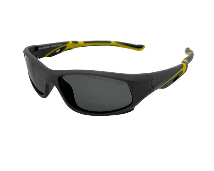 A pair of kids' unbreakable sunglasses with Black frames and yellow accents on the arms with polarised lenses.