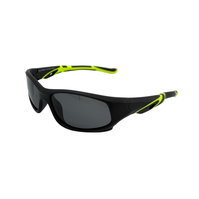 A pair of kids' sunglasses with black frames and green accents on the arms with polarized lense