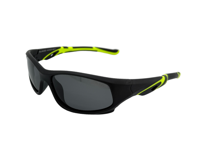 A pair of kids' sunglasses with black frames and green accents on the arms with polarised lense