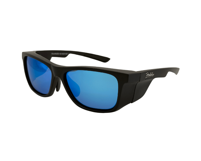 A pair of Black colour Hokky 'Horizon' sunglasses with polarised UV-protected Blue lenses and an adjustable bridge.