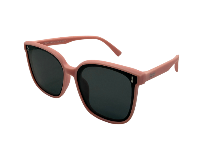 A pair of pink colour kids' sunglasses with a full plastic frame and uv 400 lenses.