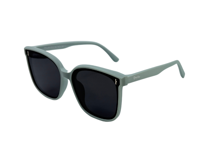 A pair of green kids' sunglasses with a full plastic frame and polarized lenses.
