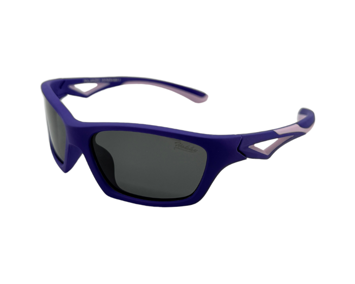 A pair of kids' lumo sunglasses with Blue frames and pink accents on the arms with polarised lenses.