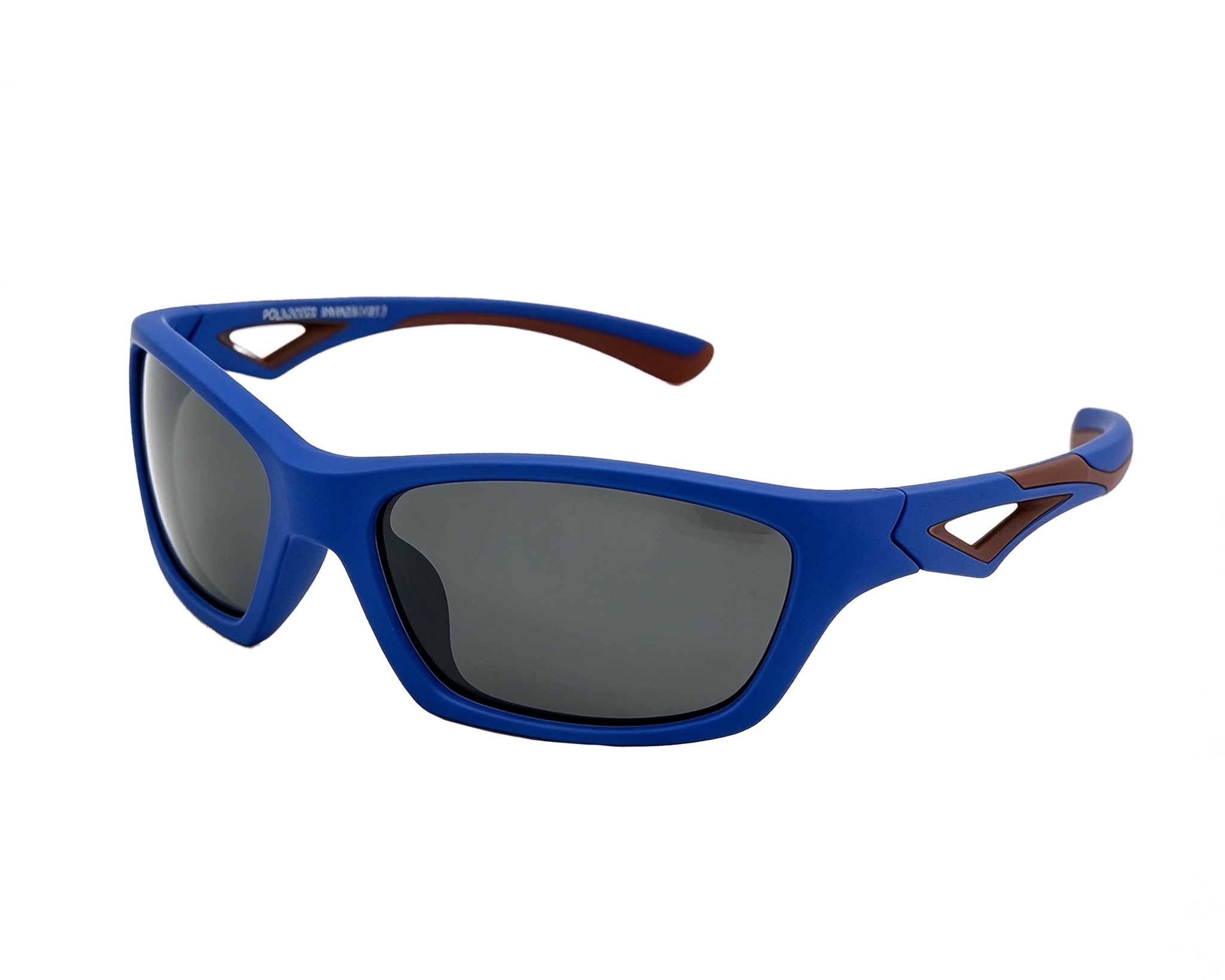 A pair of kids' lumo sunglasses with Blue frames and red accents on the arms with polarised lenses.