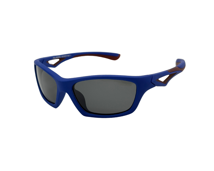 A pair of kids' lumo sunglasses with Blue frames and red accents on the arms with polarised lenses.