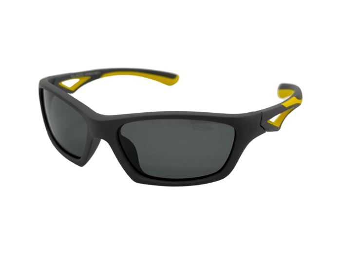A pair of kids' lumo sunglasses with Black frames and yellow accents on the arms with polarised lenses.