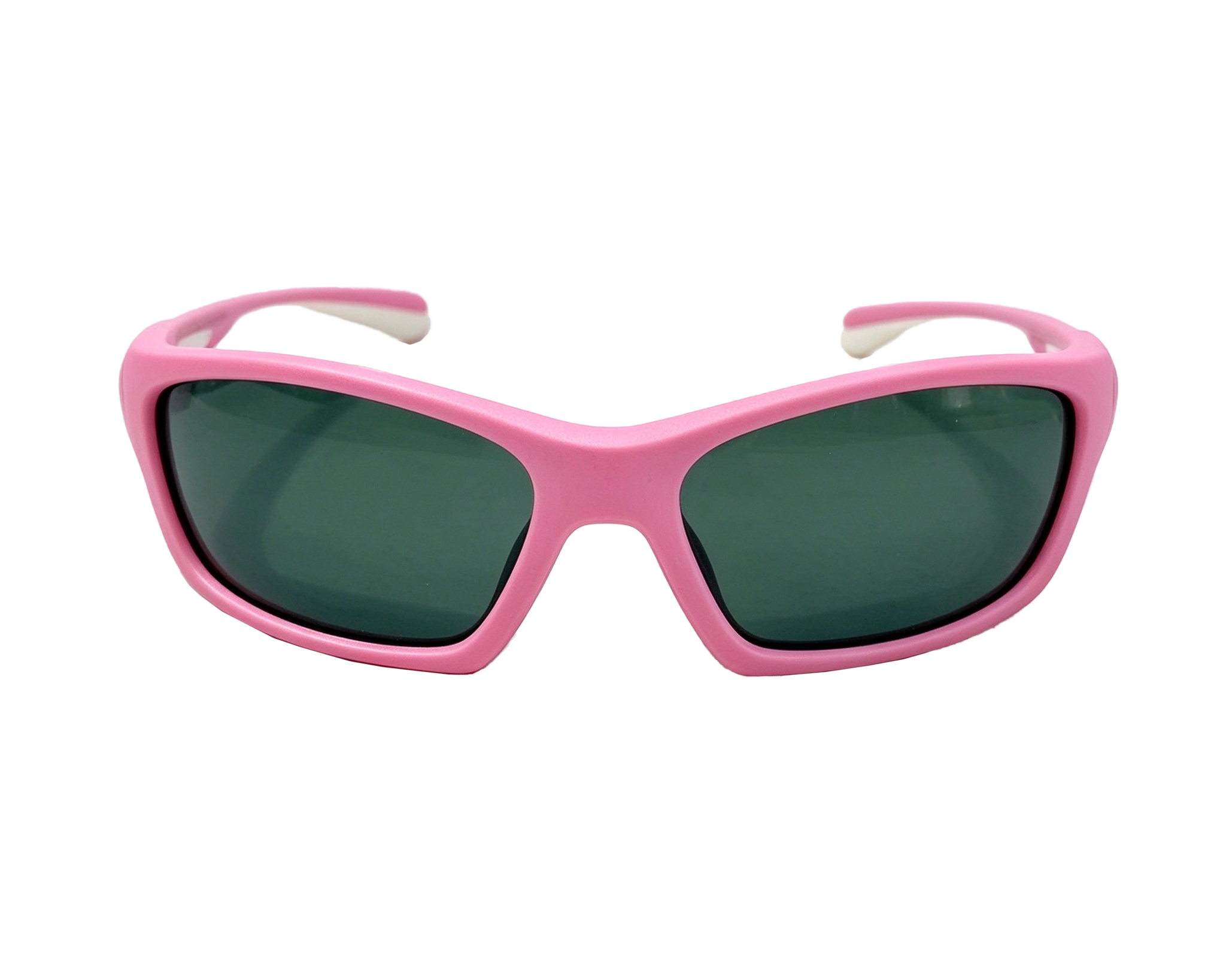 Front on kids' lumo sunglasses with pink frames and white accents on the arms with polarised lenses.
