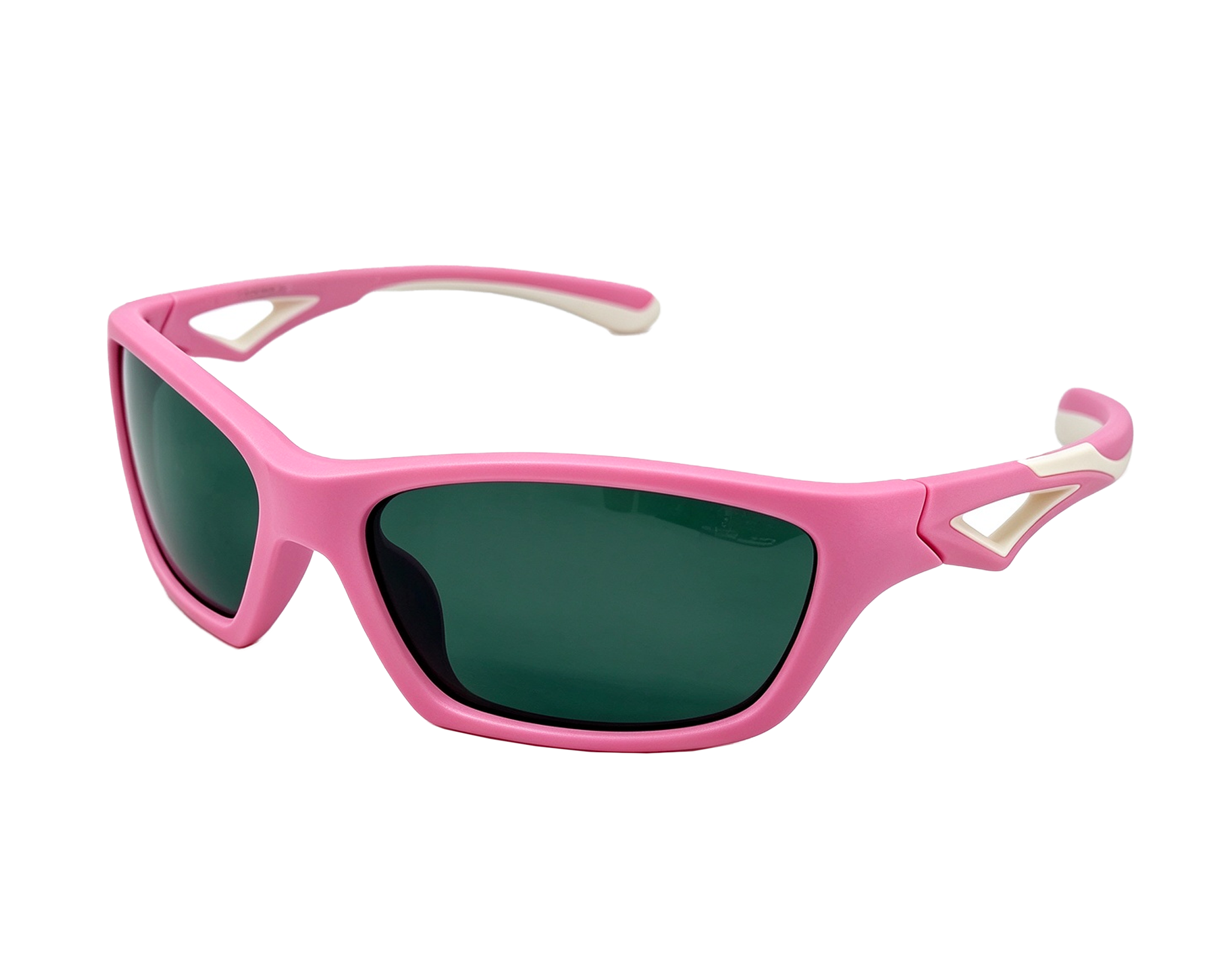 A pair of kids' lumo sunglasses with pink frames and white accents on the arms with polarised lenses.
