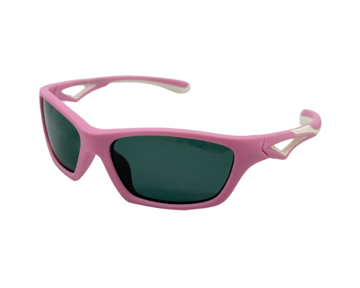 A pair of kids' lumo sunglasses with pink frames and white accents on the arms with polarised lenses.