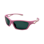 A pair of kids' lumo sunglasses with pink frames and white accents on the arms with polarised lenses.
