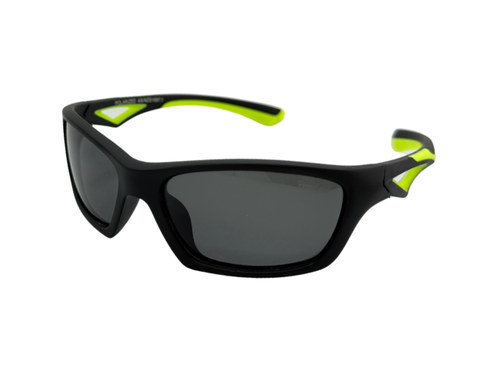 A pair of kids' lumo sunglasses with Black frames and green accents on the arms with polarised lenses.