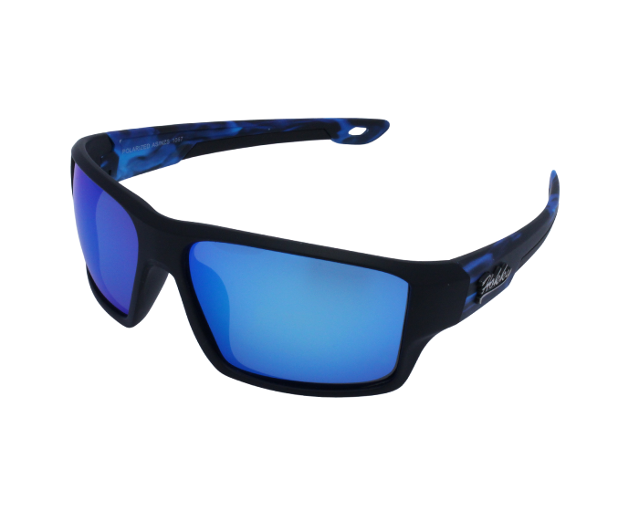 A pair of 'Hokky Nebula' unisex sunglasses with black and blue frames, and anti-glare Blue coloured lenses.
