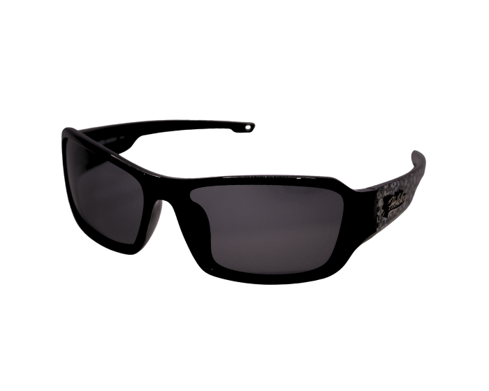 A pair of 'Outlaw' sunglasses featuring a black frame with patterned temples and brown anti-glare lenses.