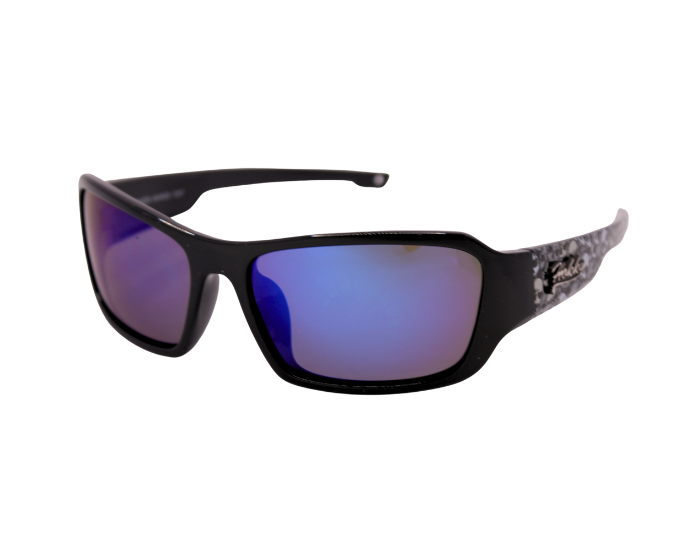 A pair of 'Outlaw' sunglasses featuring a non slip black frame with patterned temples and blue lenses.