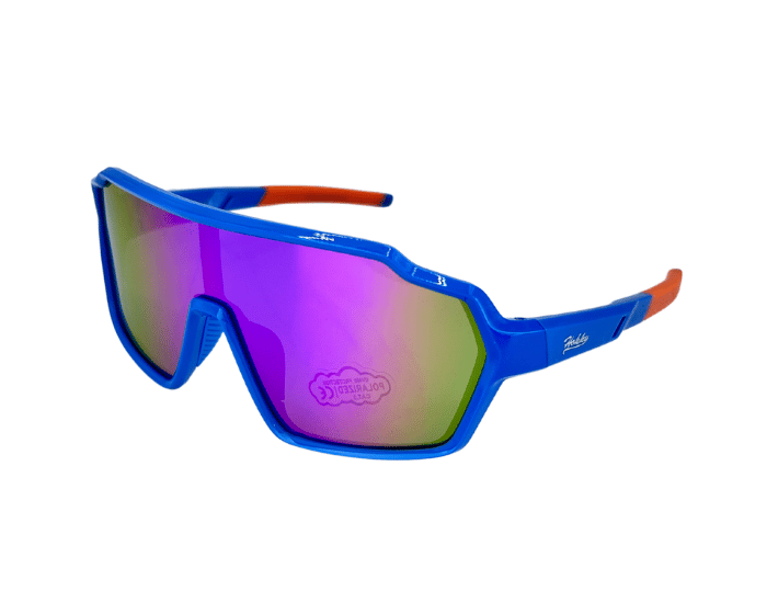 Kids' sunglasses with blue frames and orange accents on the arms. The lenses are polarized with a purple mirror finish.