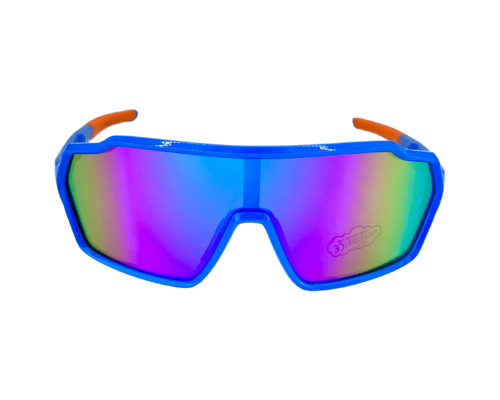 Kids' sunglasses with blue frames and orange accents on the arms. The lenses are polarized with a rainbow mirror finish.