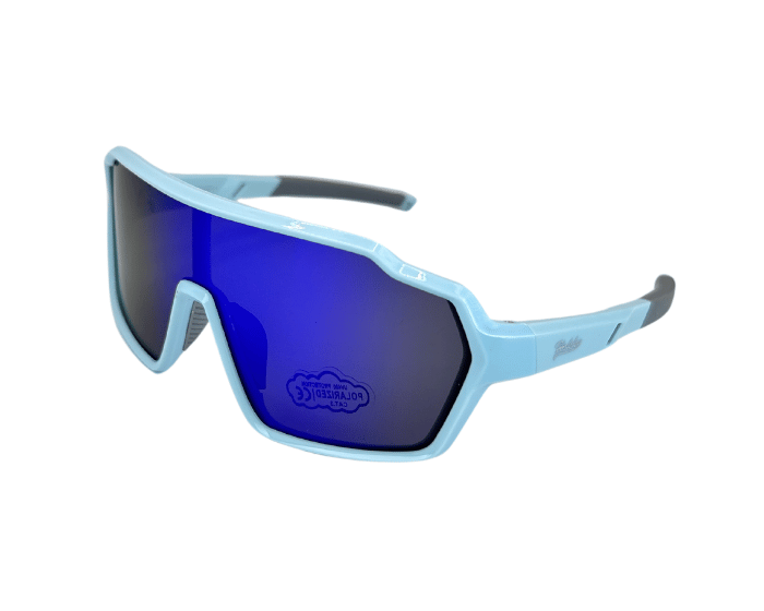 Kids' sunglasses with light blue frames and grey accents on the arms. The lenses are polarized with a purple mirror finish.