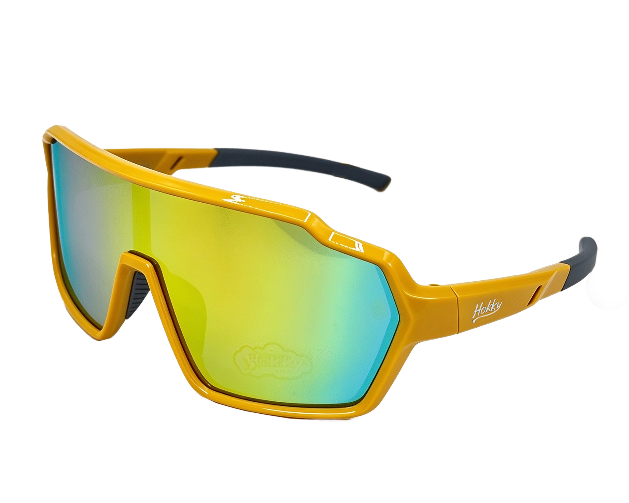 Kids' sunglasses with yellow frames and black accents on the arms. The lenses are polarized with a rainbow mirror finish.