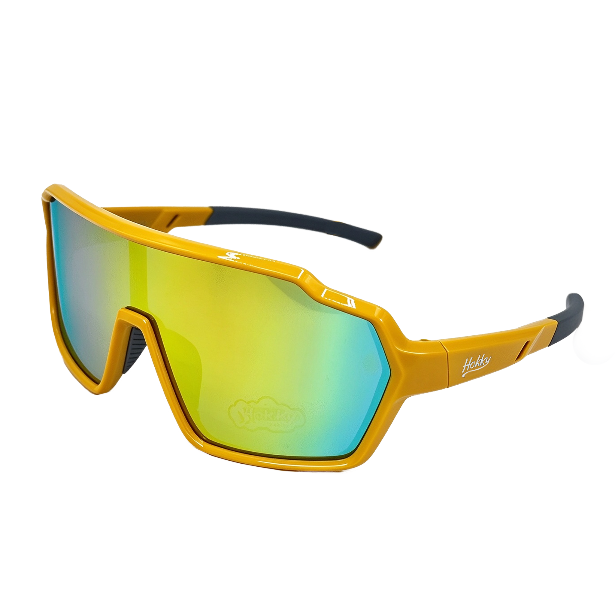 Kids' sunglasses with yellow frames and black accents on the arms. The lenses are polarized with a rainbow mirror finish.
