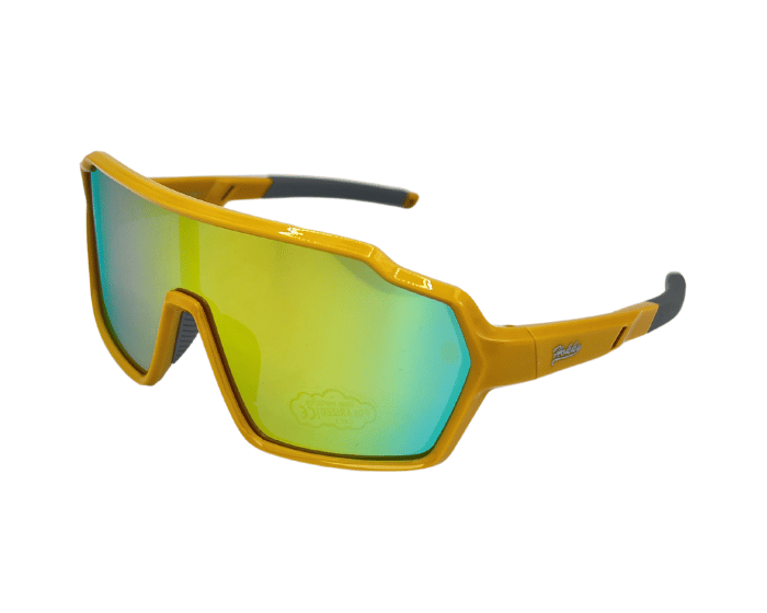 Kids' sunglasses with yellow frames and black accents on the arms. The lenses are polarized with a rainbow mirror finish.