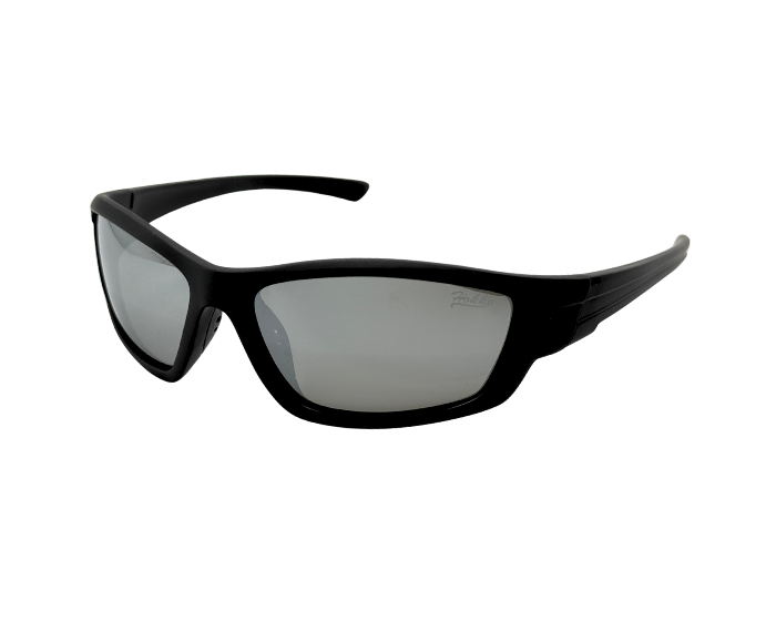 A pair of black, floatable, polarised sunglasses designed for water sports with a snug fit - side view
