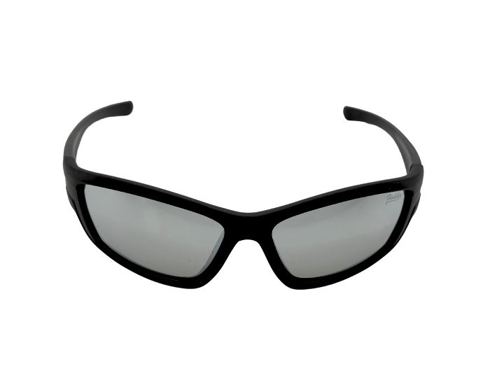 A pair of black, floatable, polarised sunglasses designed for water sports with a snug fit. - Front view
