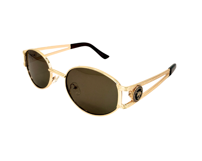 A pair of gold-colored Hokky Regina luxury sunglasses with dark polarized lenses and decorative elements on the arms.