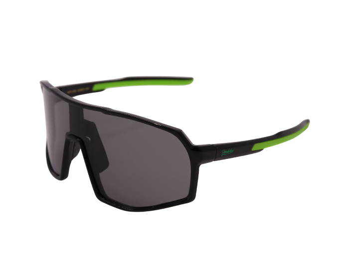 A pair of black Hokky Rush sunglasses with green accents and mirrored black lenses designed for cycling or skiing.