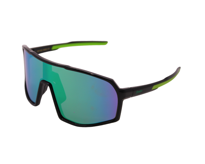 A pair of black Hokky Rush sunglasses with green accents and mirrored blue-green lenses designed for cycling or skiing.