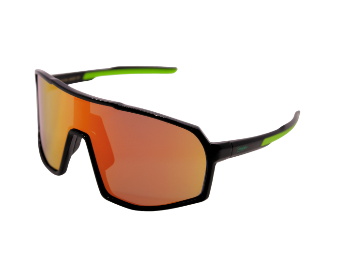 A pair of black Hokky Rush sunglasses with green accents and mirrored orange and yellow lenses designed for cycling or skiing.