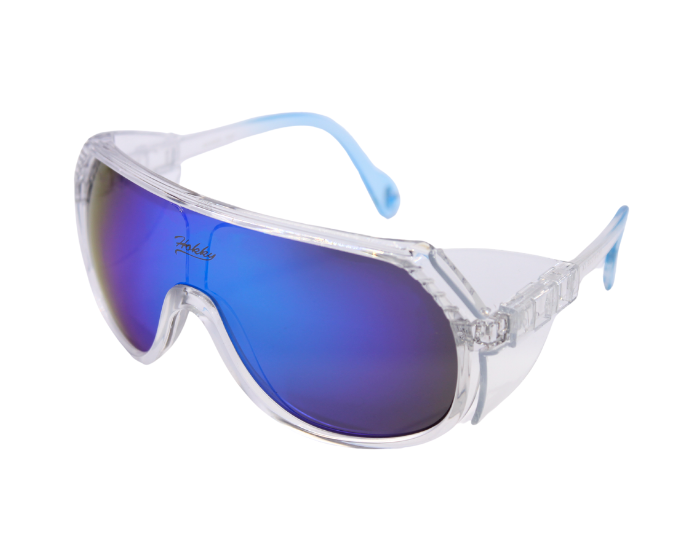 A pair of 'Sentinel' unisex sunglasses with blue mirrored lenses and a clear frame.
