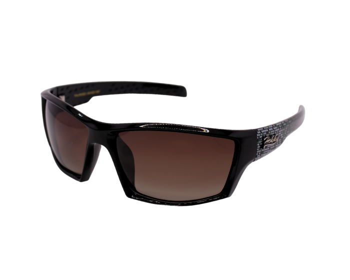 A pair of Hokky Sinclair sunglasses with a black frame and brown polarized lenses.