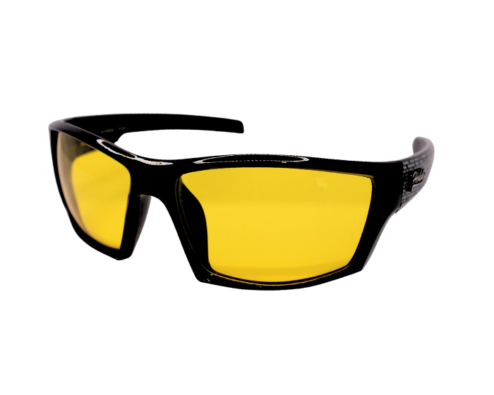 A pair of Hokky Sinclair sunglasses with a black frame and yellow polarized lenses.