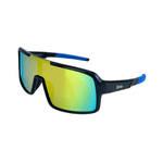 Kids' sunglasses with black frames and blue accents on the arms, featuring polarised lenses.