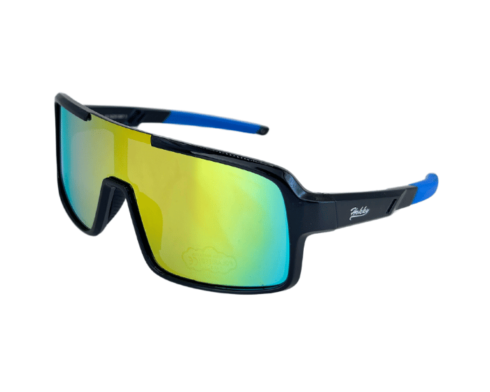 Kids' sunglasses with black frames and blue accents on the arms, featuring polarised lenses.