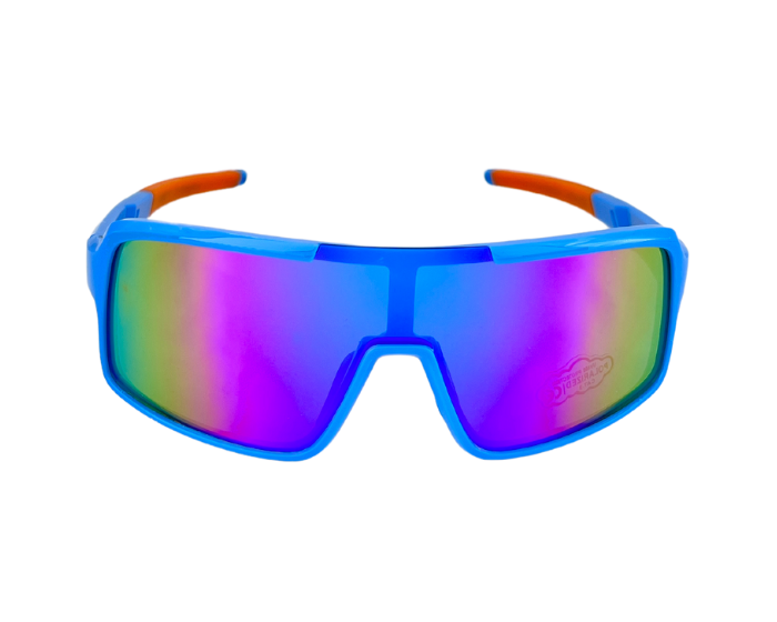Kids' sunglasses with blue frames and red accents on the arms, featuring rainbow colour lenses.