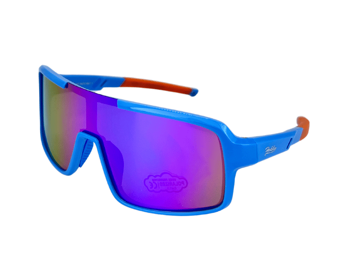 Kids' lightweight sunglasses with blue frames and orange accents on the arms, featuring polarised lenses.