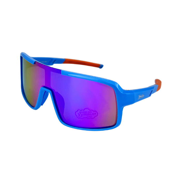 Kids' lightweight sunglasses with blue frames and orange accents on the arms, featuring polarised lenses.