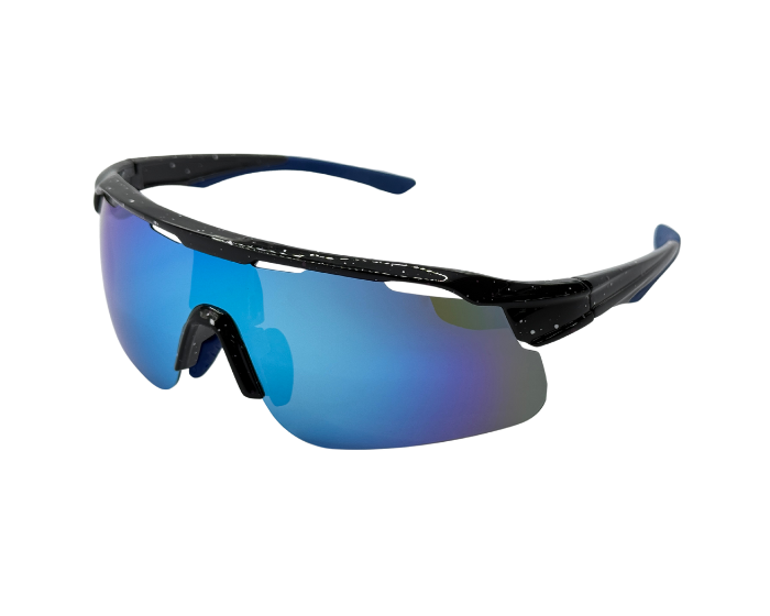 A pair of black 'Stridex' running/cycling sunglasses with blue mirrored polarised lenses and black accents.