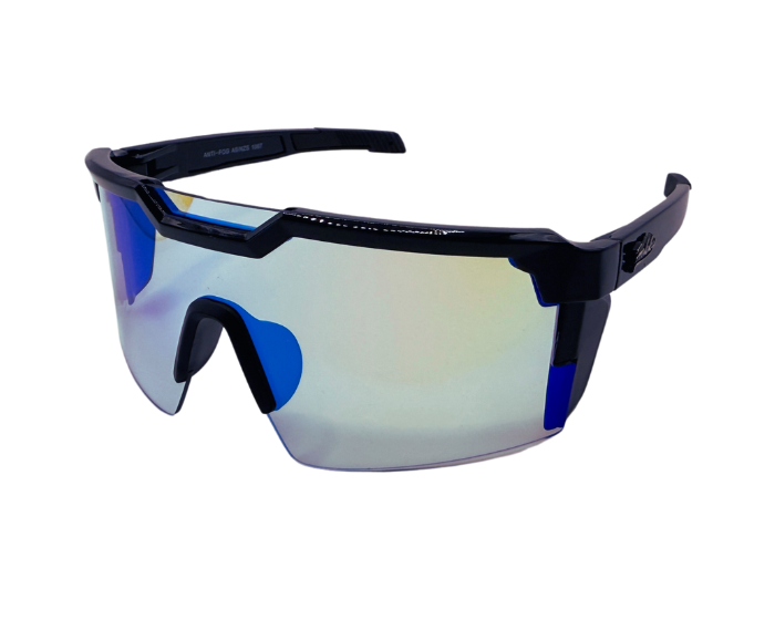 A pair of black Hokky Swift sunglasses with reflective blue-to-white gradient lenses designed for cycling.