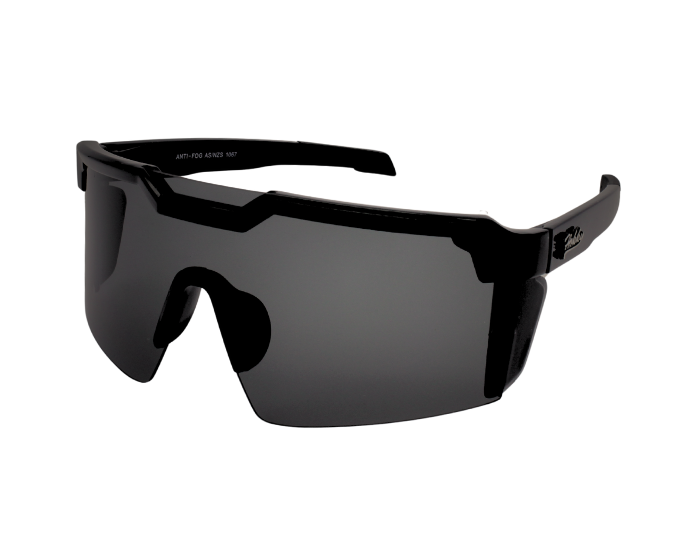 A pair of black Hokky Swift sunglasses with reflective black-to-white gradient lenses designed for hiking.