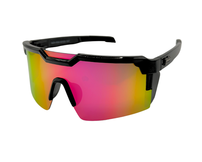A pair of black Hokky Swift sunglasses with reflective pink-to-yellow gradient lenses designed for cycling.