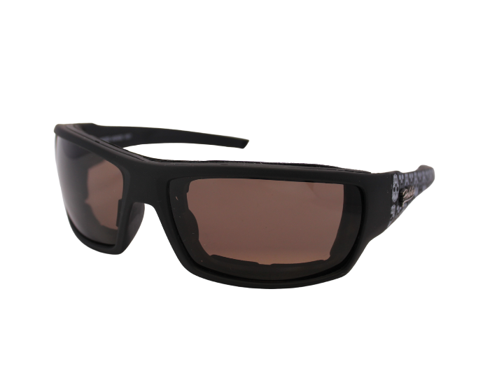 A pair of black motorcycle goggles with polarised lenses and decorative silver accents on the arms.