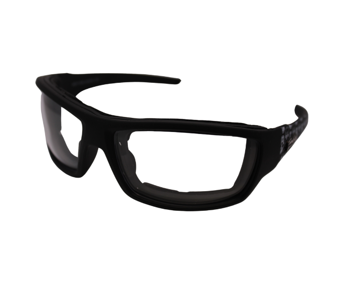 A pair of black motorcycle goggles with night vision lenses and decorative silver accents on the arms.