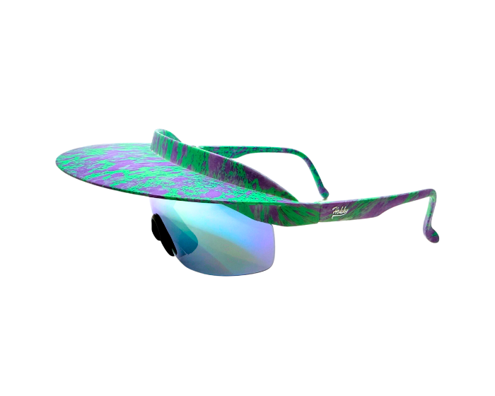 A pair of 'Tidal' 2 in 1 visor sunglasses with a multicolored frame and Purple and haze polarized lenses.
