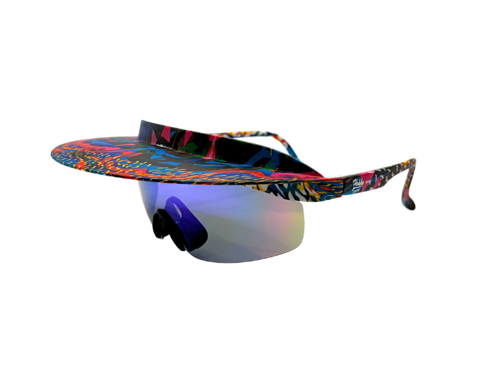 A pair of 'Tidal' 2 in 1 visor sunglasses with a multicolored frame and blue polarized lenses.