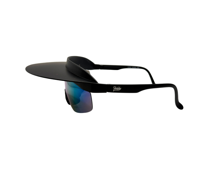 A pair of 'Tidal' 2 in 1 visor sunglasses with a bronze frame and blue polarized lenses.