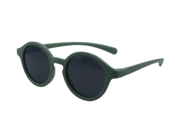 Green sunglasses with dark lenses on a white background