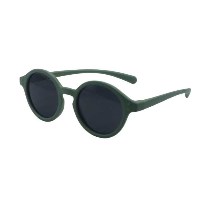 Green sunglasses with dark lenses on a white background